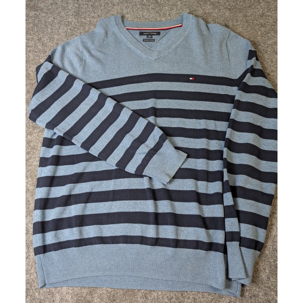 Tommy Hilfiger Blue Striped V-Neck Sweater Cotton Men's Large Logo Pullover EUC